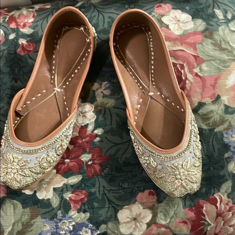Gold and Tan Embellished Flats with Intricate Design